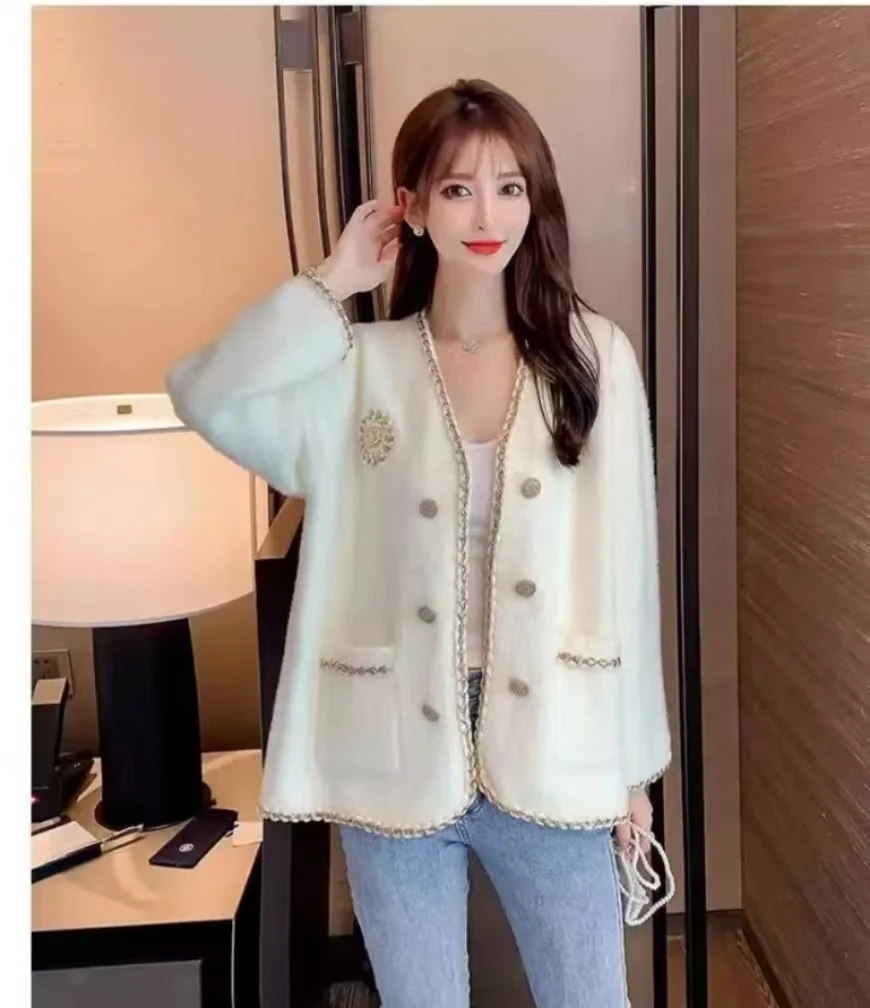 2008-春秋新款宽松名媛显瘦百搭毛衣仿水貂绒针织外套