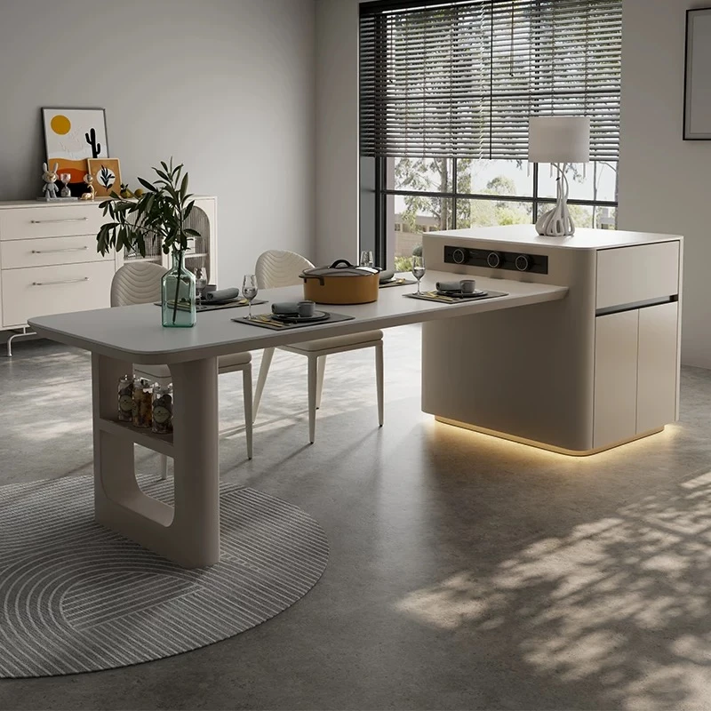 【奶油风灯带】意式极简岩板岛台餐桌一体可伸缩高端餐厅小户型岛台