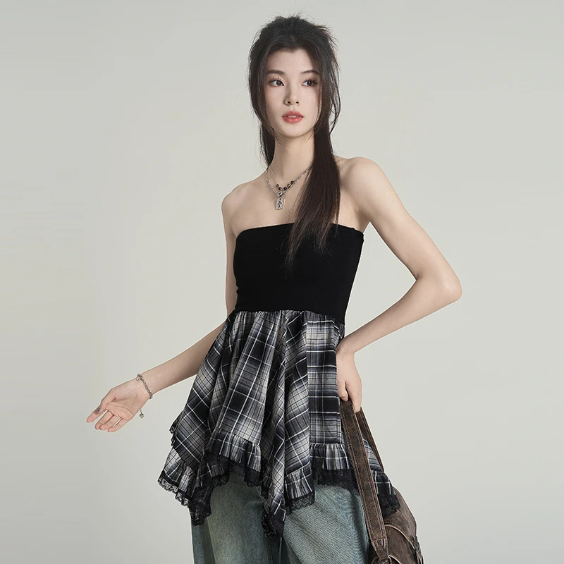 2025夏季新款复古格纹拼接抹胸背心裙女设计感收腰显瘦美背上衣