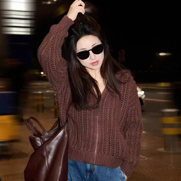 朱珠同款气质法式复古高品质简约镂空拉链粗线连帽针织毛衣外套潮