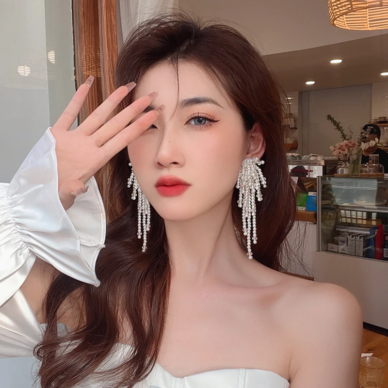 合金仿珍珠耳饰 夸张长款珠珠流苏耳环女2025年新款个性耳饰253