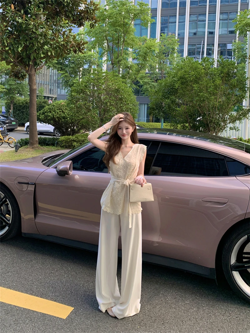 法式性感花边V领蕾丝无袖衬衫上衣宽松显瘦直筒休闲裤长裤套装女