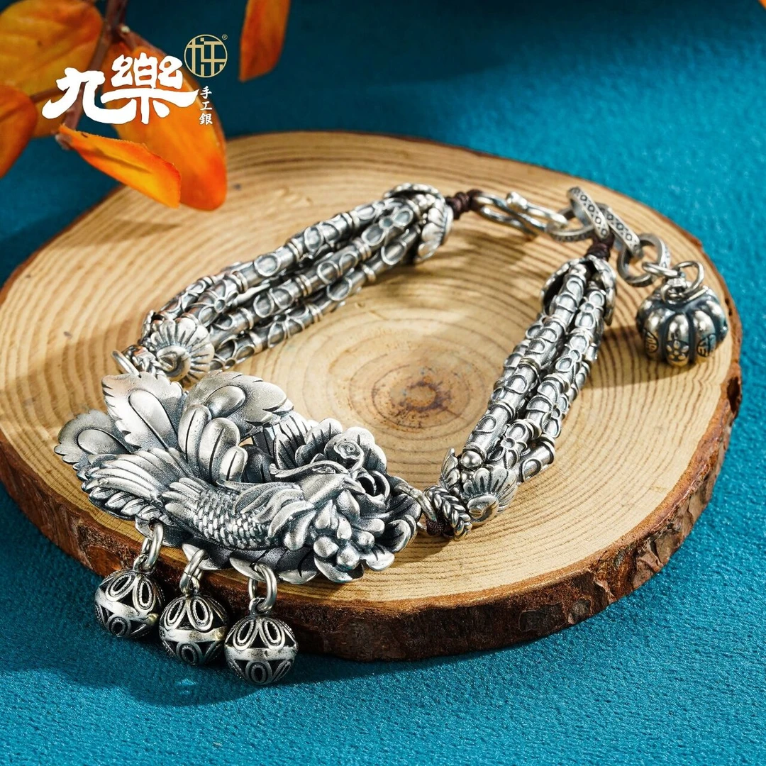 九乐 925银手链 68克做旧凤穿牡丹多层手链