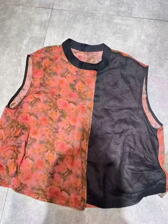 夏季休闲时尚国风苎麻拼色无袖上衣80-140斤可穿