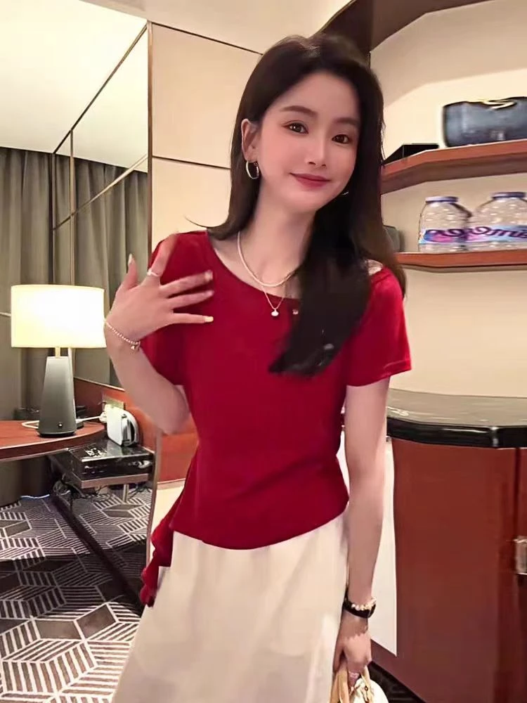 25651【衣长47】斜领不规则下摆短袖T恤女2025夏季新款小众显瘦T恤