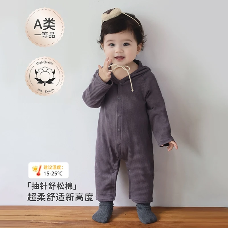 婴儿连体衣a类棉春秋季宝宝衣服连帽款兔耳哈衣爬爬服