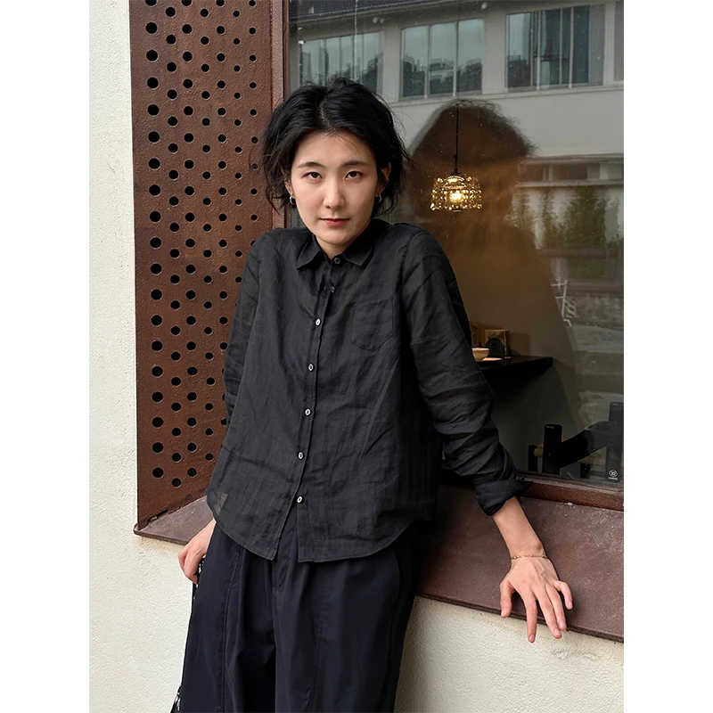 LANGQING 黑色苎麻法式秋装新款休闲宽松衬衫42476#