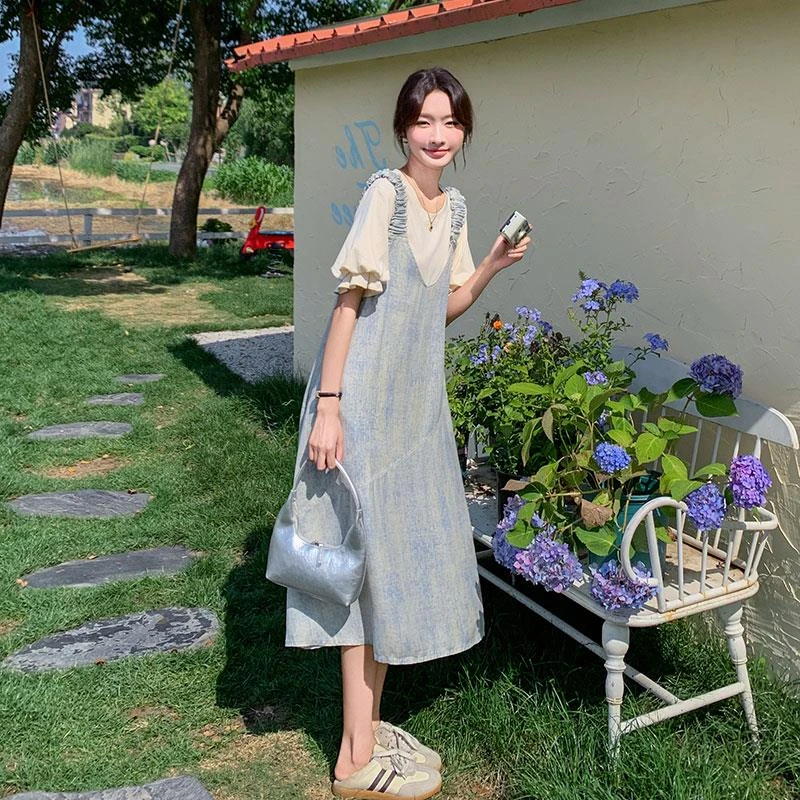 设计感蓝色扎染背带裙套装女中长款2024夏季新款小众不撞款两件套