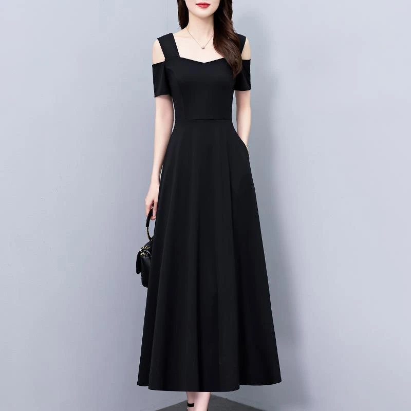 黑色露肩吊带连衣裙2024新款女夏爆款轻奢高级感气质时尚潮流裙子