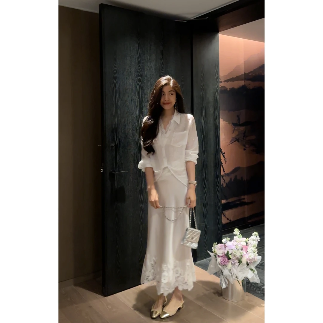 N.COU妮蔻25春新款知性风温柔大方莱赛尔烫钻真两件衬衫女DY78995