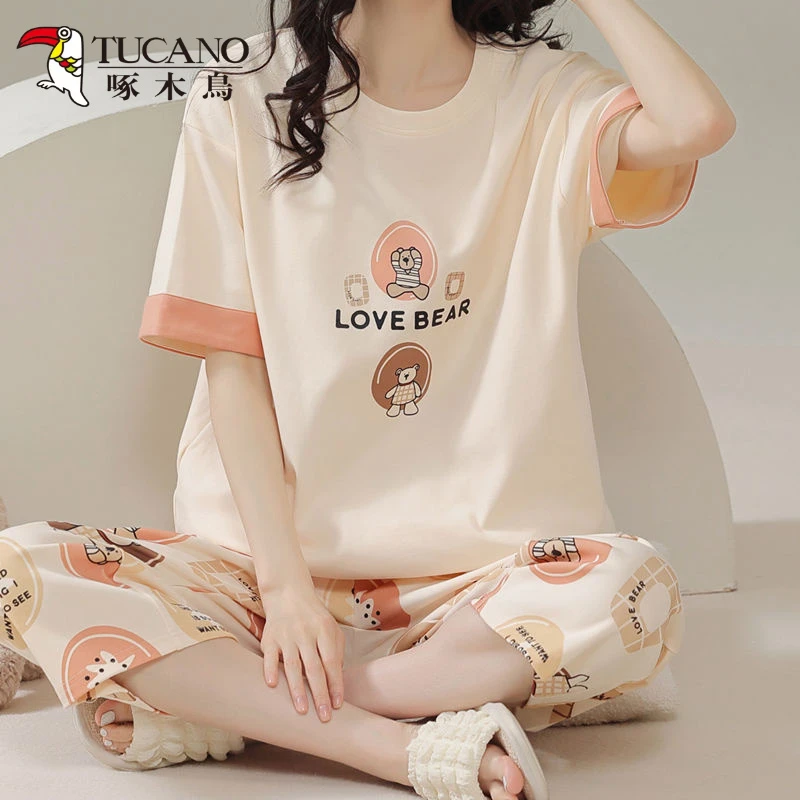 啄木鸟100%纯棉睡衣女夏季全棉2025年新款短袖七分裤家居服秋冬薄