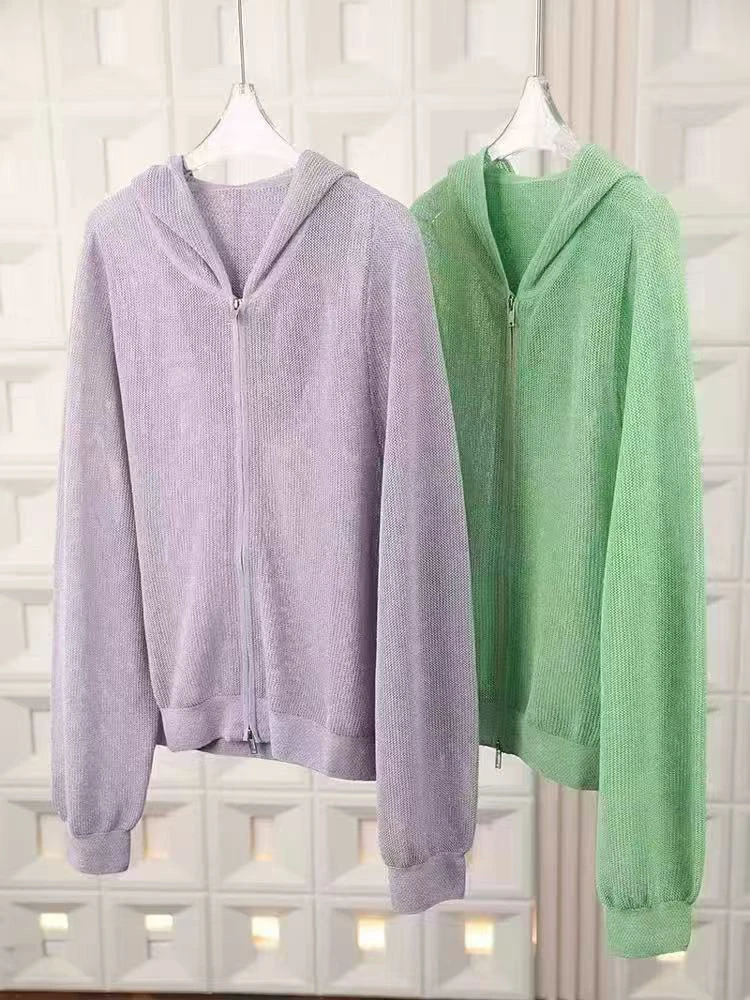 连帽防晒灯笼袖夏季短袖毛针织衫针织上衣纯色网红帽衫秋季