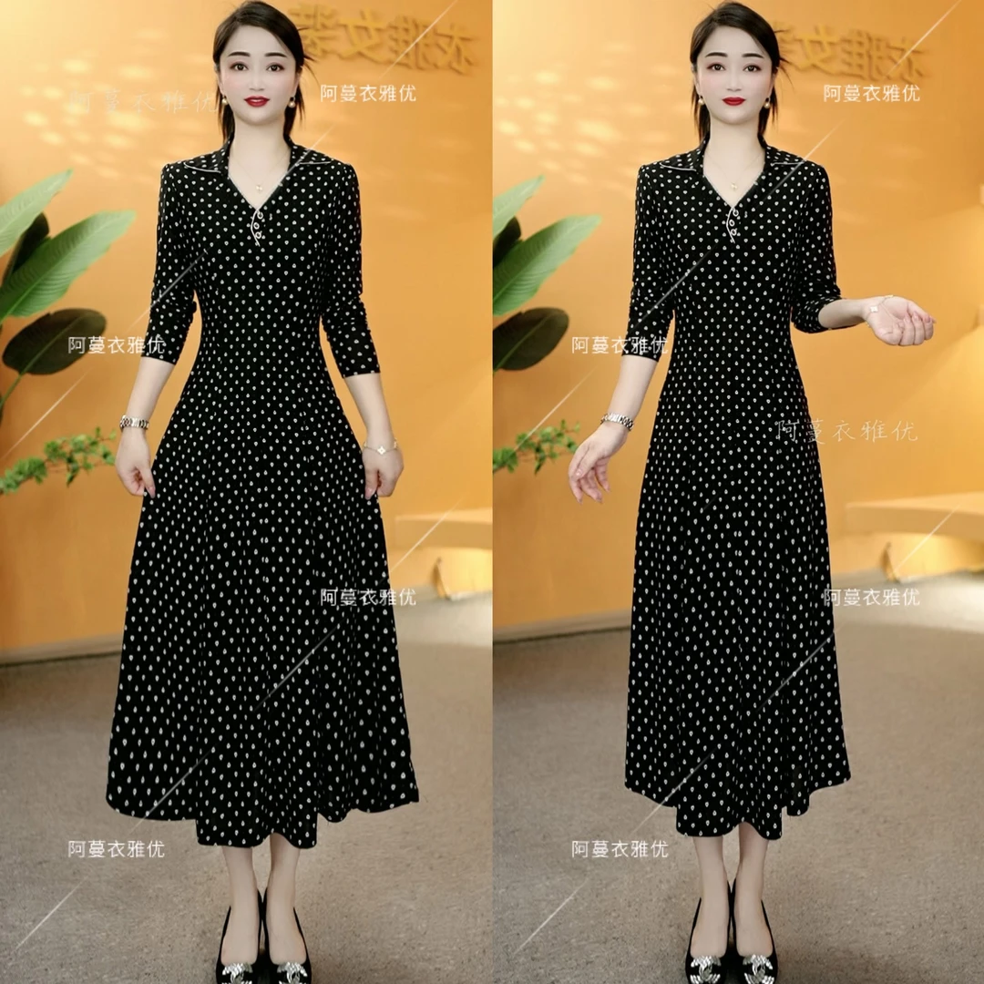 【衣雅严选】8121-1773#夏季新款冰感丝翻领长袖气质显瘦连衣裙