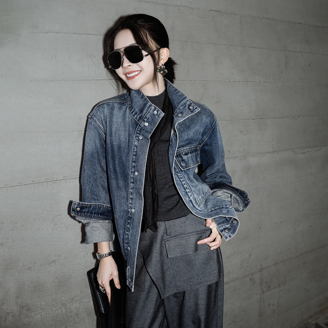 溶溶【蓝调如诗】RONGRONG棉混纺立领美式复古丹宁风牛仔外套L0095W