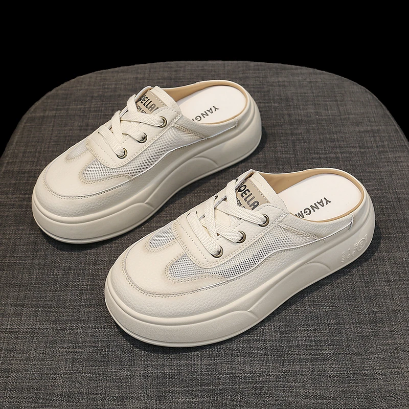 2025夏季新款时尚韩版网面透气踩屎感包头半拖鞋女休闲百搭小白鞋