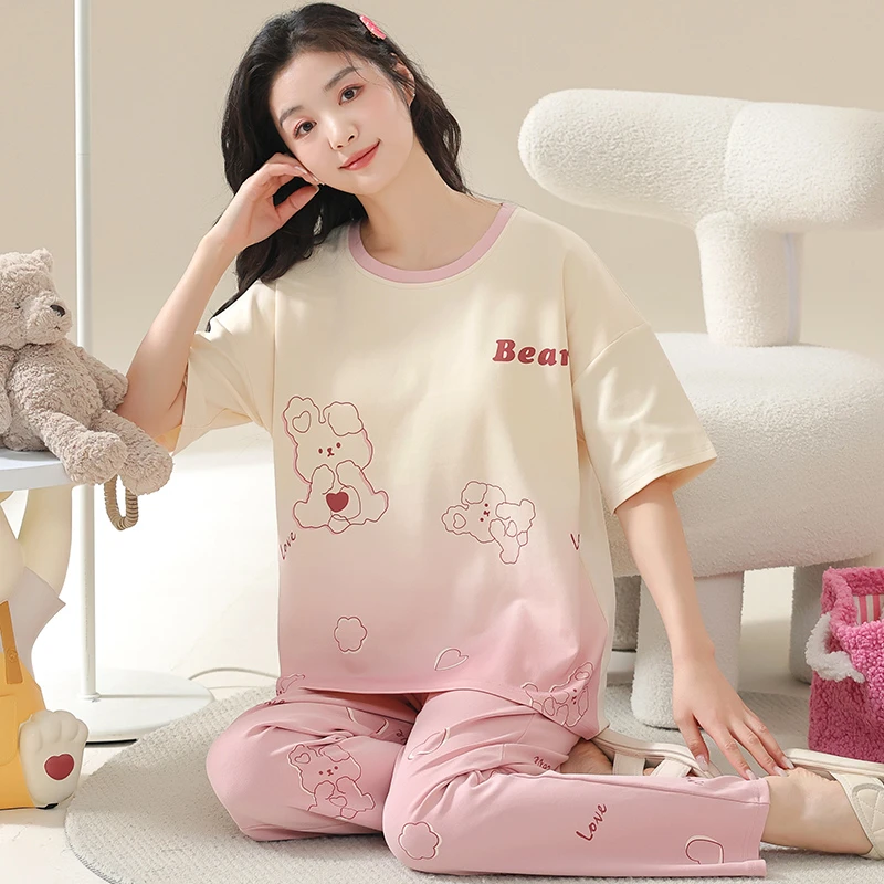 短袖长裤睡衣女夏胖MM200斤春秋天家居服韩版公主风可外穿可爱女