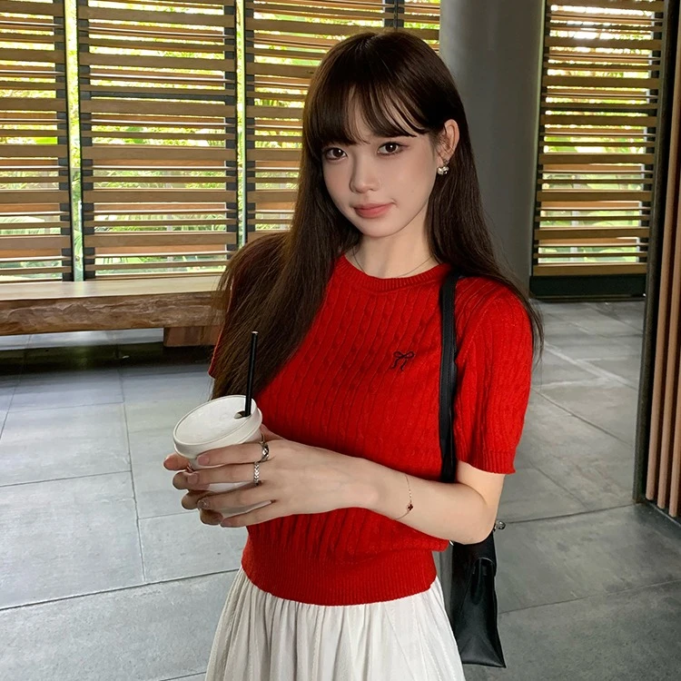 大金家白色短袖T恤女设计感蝴蝶结刺绣圆领短款针织上衣针织衫
