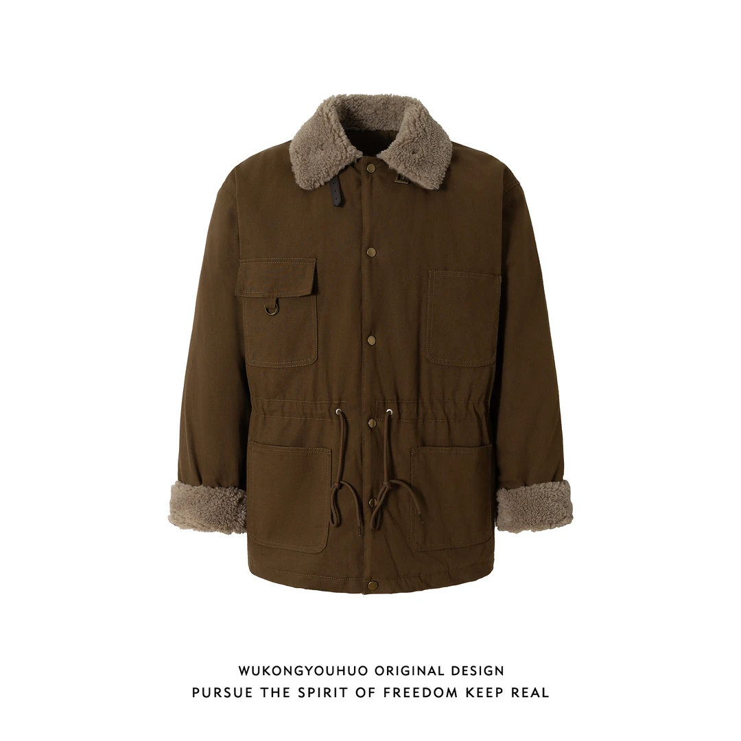 悟空有货冬季巴恩风羊羔绒翻领棉衣男女潮牌复古工装保暖加厚棉服