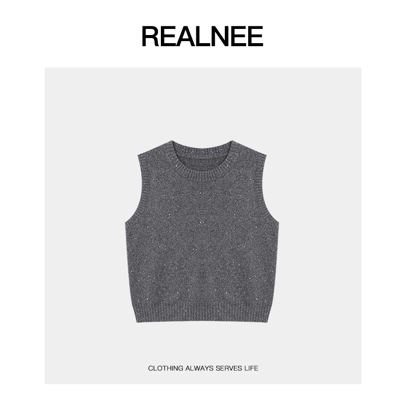 REALNEEI【陨石星星】BC*眻毛老钱极简镶珠片重工圆领宽松毛衣09204