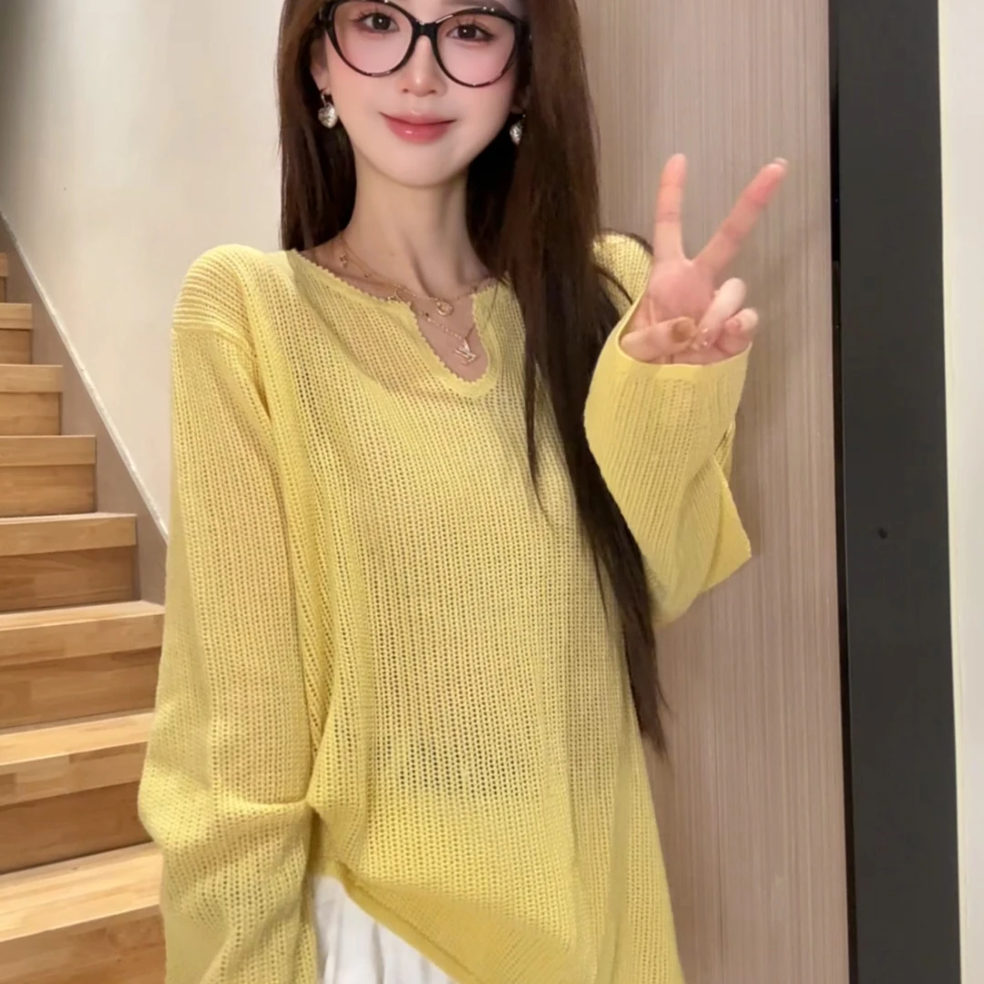 韩版V领肌理感冰丝针织衫上衣女春薄款小众设计防晒t恤罩衫