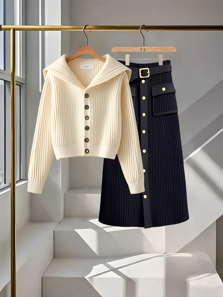 洋气休闲秋冬套装开毛衫连帽针织衫女百搭半身裙毛衣通勤两件套潮