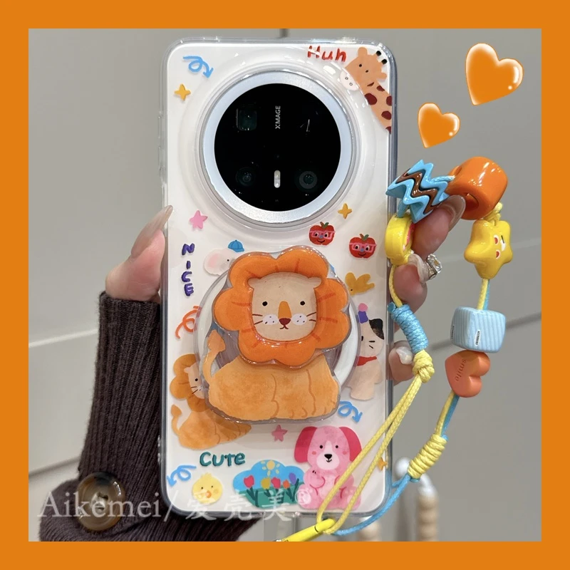 适用华为mate70pro+手机壳涂鸦动物园mate60pro+狮子磁吸支架链条