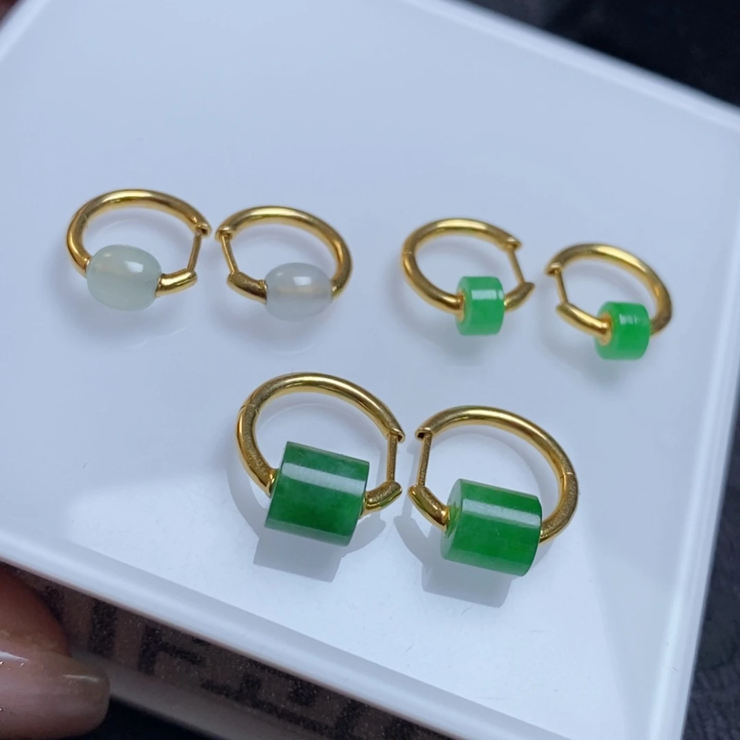 翡翠18K金镶嵌耳饰小桶珠耳扣 多样性一对发货