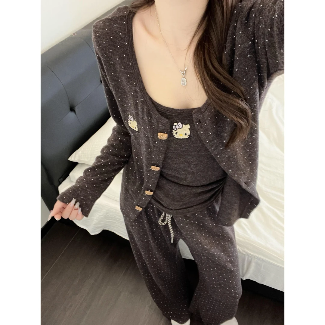 可爱波点Kitty开衫睡衣女秋季修身显瘦背心长袖长裤家居服三件套