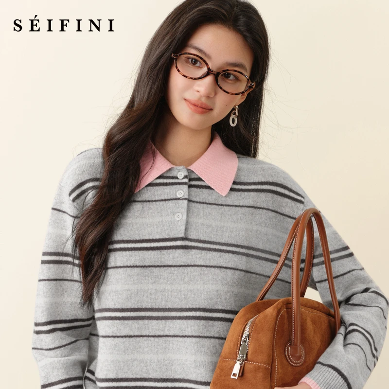 诗凡黎撞色条纹Polo领针织衫学院风高智韩系长袖上衣女7G9333131
