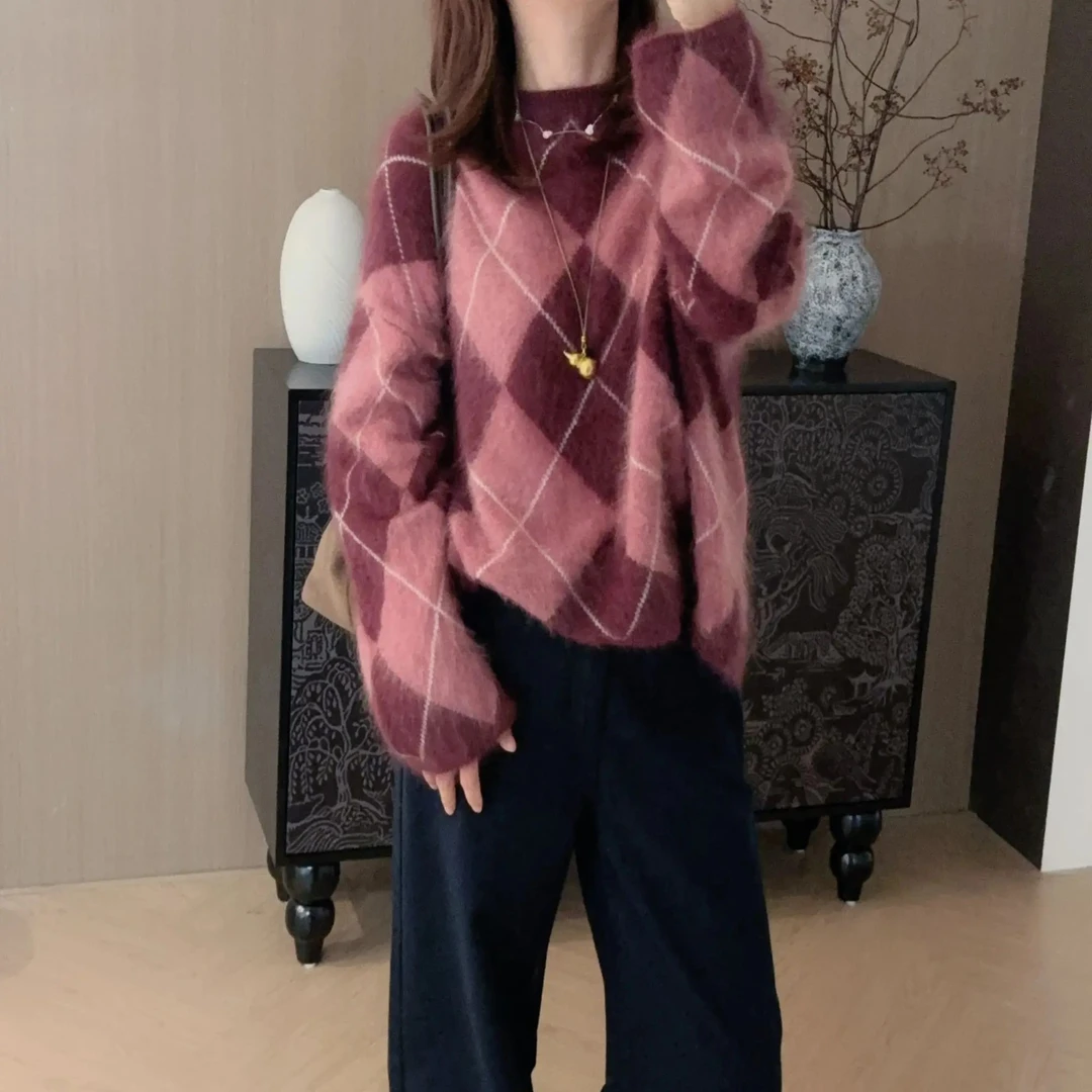 保暖针织菱格2025秋冬羊绒拉毛套衫宽松慵懒圆领长袖毛衣女外穿