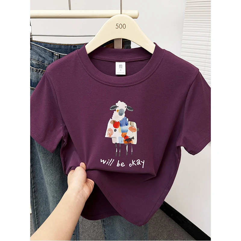 乌梅紫夏季新款显白显瘦小众T恤卡通印花正肩圆领通勤短袖女上衣