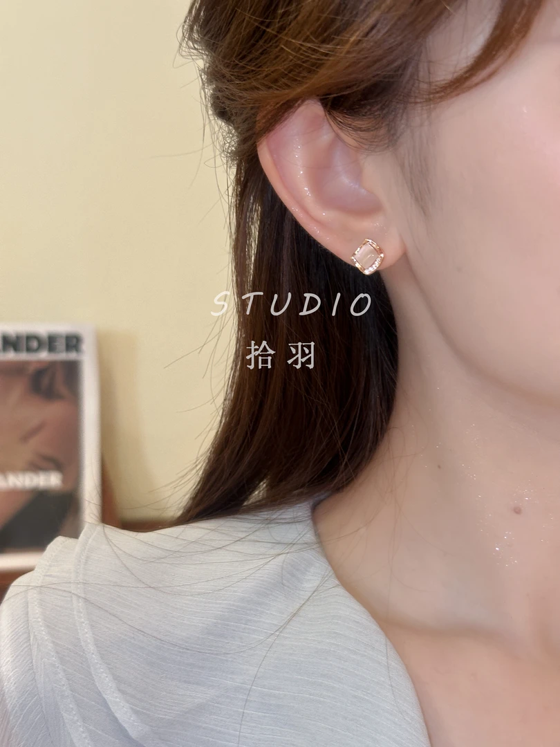 铜合金锆石耳饰 小众猫眼石耳钉2025新款高级感耳饰