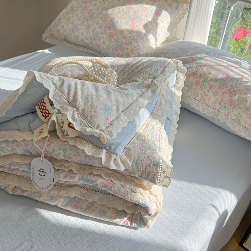 A类双层纱夏凉被夏季空调被四件套薄被子单人可机洗宿舍夏被三件1