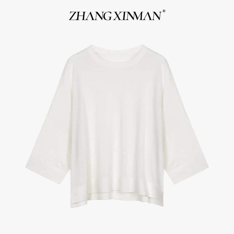 YIHOO-100%绵羊毛｜长袖针织衫宽松显瘦白色百搭圆领罩衫60-016