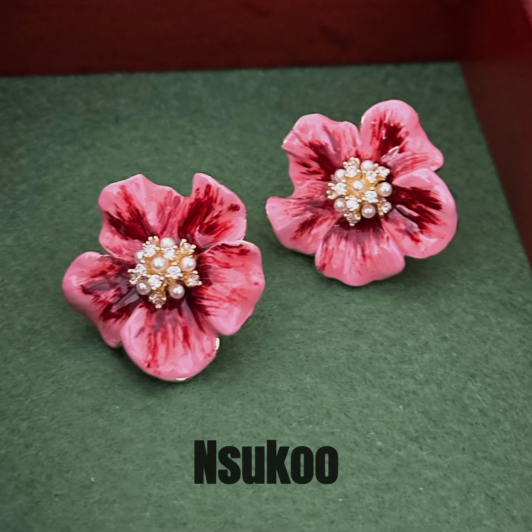 铜合金珐琅耳饰 E0298时尚气质花朵彩绘红色优雅手作中古花朵耳钉