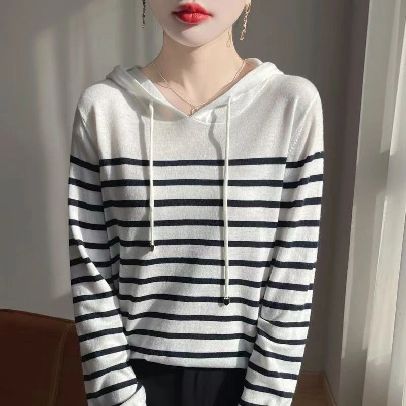 【精纺羊毛】女士长袖条纹连帽衫抗起球减龄针织卫衣宽松