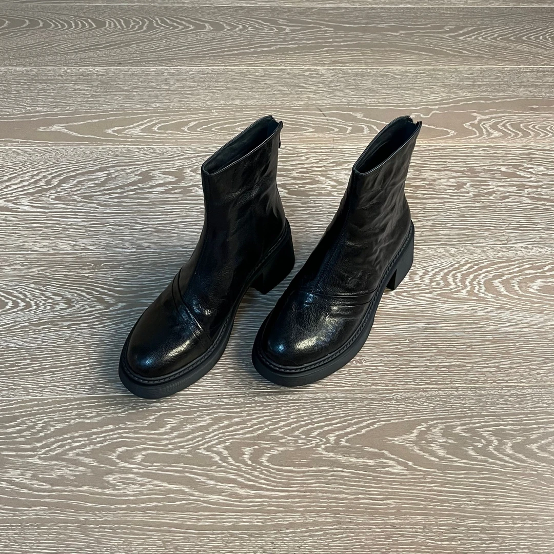 7CM头层手抓羊皮法式方头瘦瘦靴短靴防滑高跟百搭粗跟女靴厚底