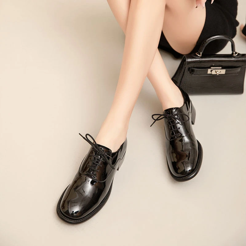 明星同款牛漆皮单鞋女小众系带粗跟小皮鞋圆头气质复古百搭通勤鞋