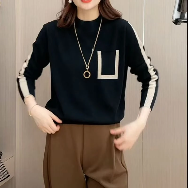 S13高级感撞色针织打底衫女春秋新款修身百搭毛衣半高领内搭上衣