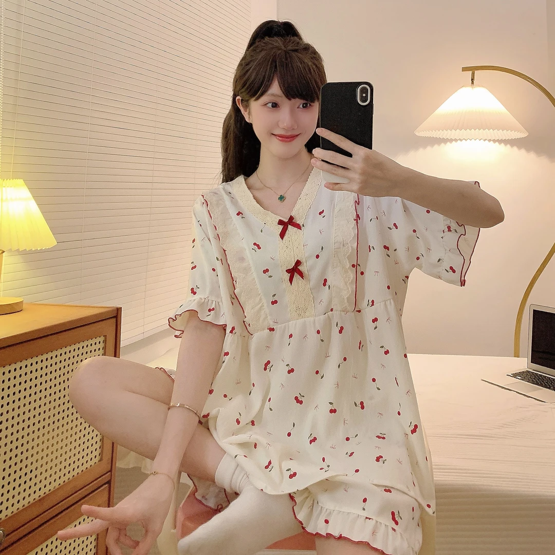 夏季新款云朵棉大码睡衣女V领甜美花边蕾丝260斤短袖短裤家居服