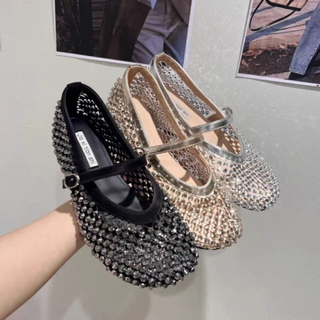 内增高单鞋镂空水钻芭蕾舞鞋女网眼透气平底玛丽珍渔网浅口单鞋B