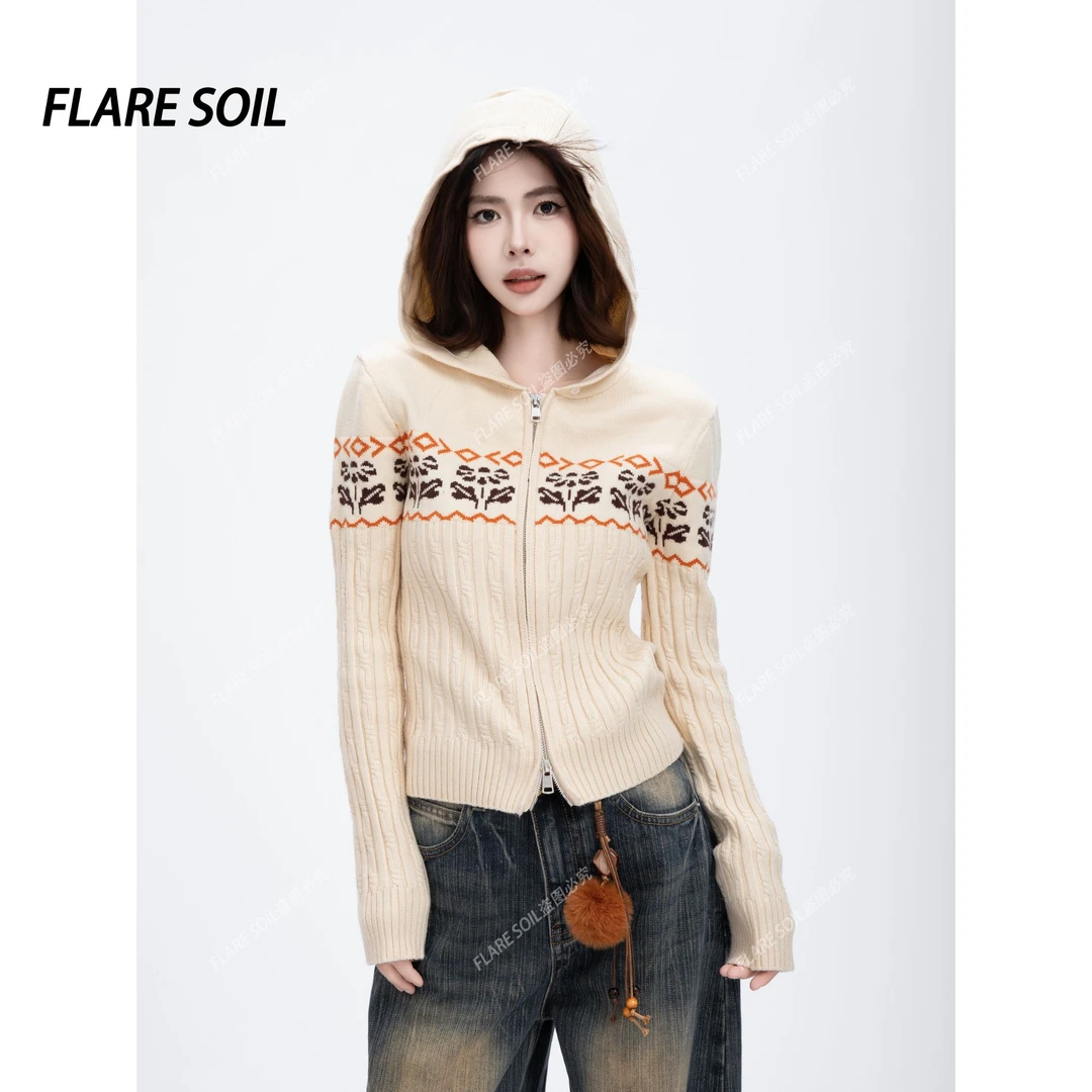 【FLARE SOIL】提花印染针织帽衫修身秋装打底开衫短外套 T4740A