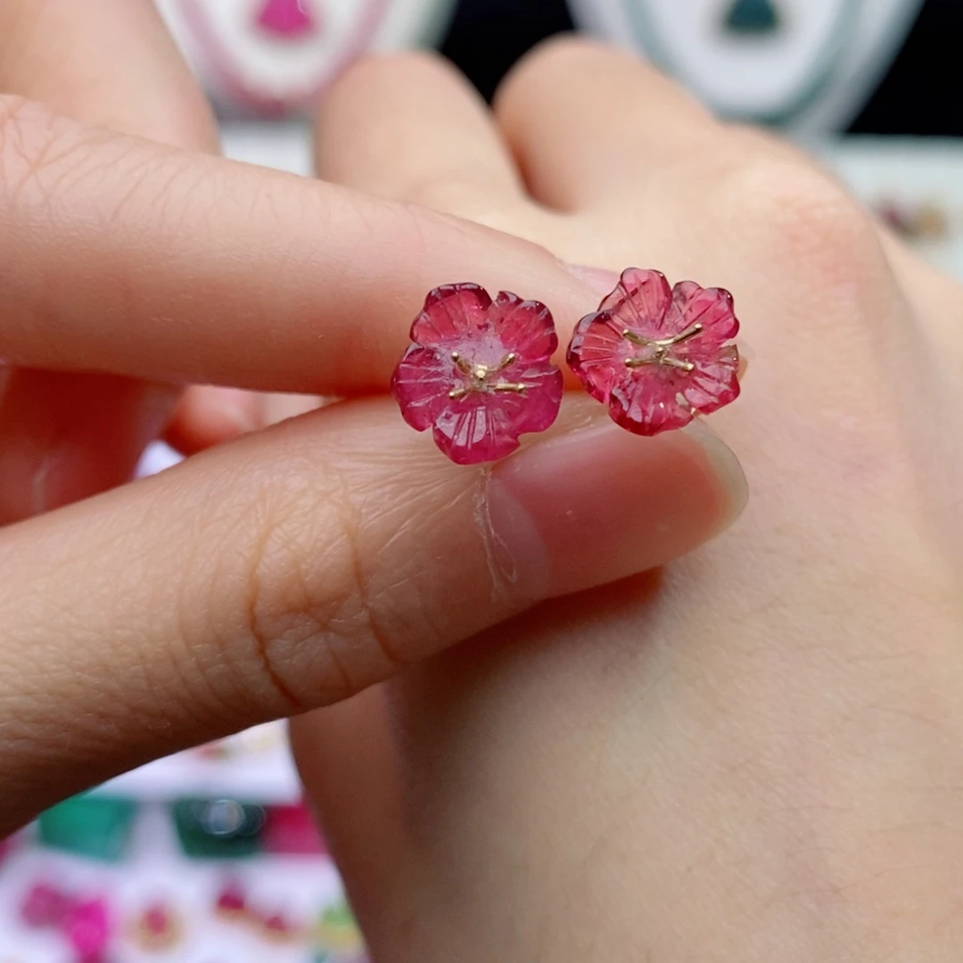 18K金镶嵌耳饰碧玺花花耳钉yy