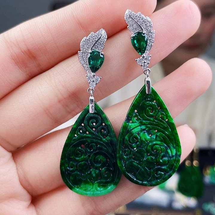翡翠耳饰银S925镶嵌饰品