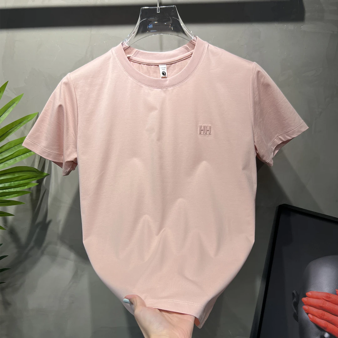 欧洲站男时尚刺绣短袖T恤潮流简约纯色个性半袖上衣2025夏季字母