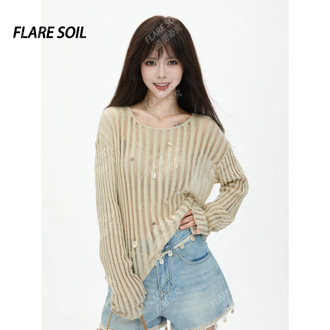 【FLARE SOIL】薄款条纹长袖设计感慵懒休闲气质时尚镂空针织衫T470
