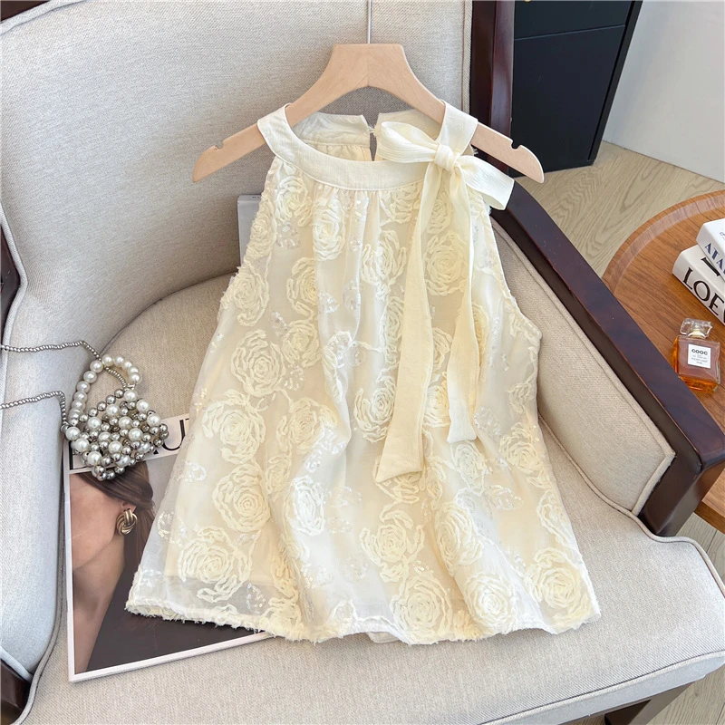 高级感立体花朵蕾丝挂脖露肩衬衫女2025蝴蝶结绑带减龄上衣