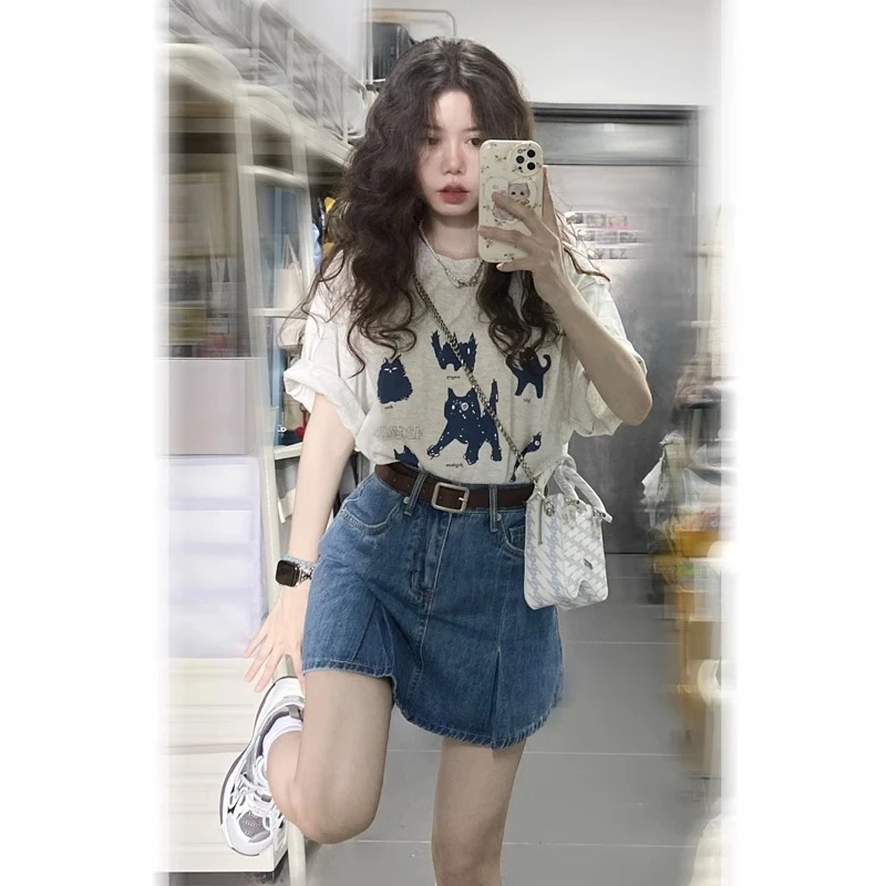 美式复古日系可爱小猫短袖t恤女2024夏季宽松学生半袖百搭上衣ins