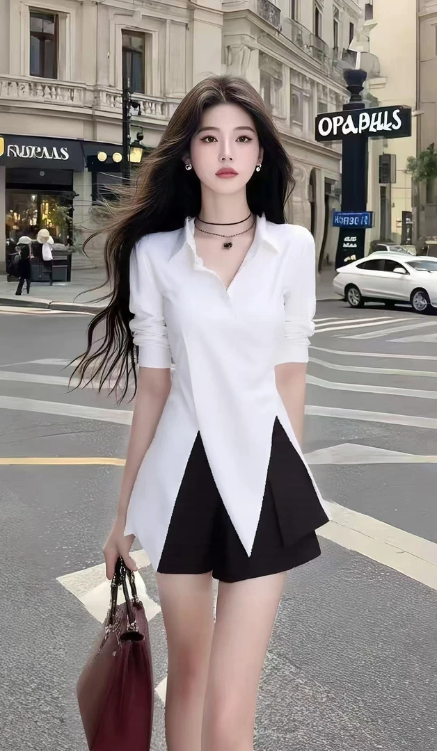 别致设计感白色衬衫领不规则短袖上衣+黑色百搭短裤女时尚两件套