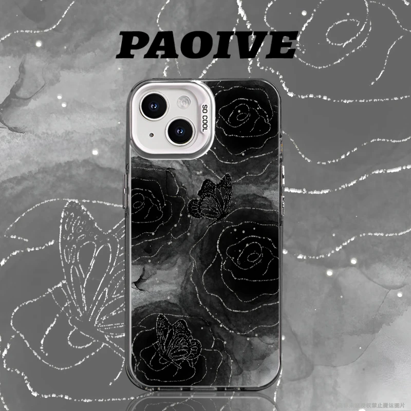 适用苹果华为vivo一加iPhone14小米黑色玫瑰手机壳三星